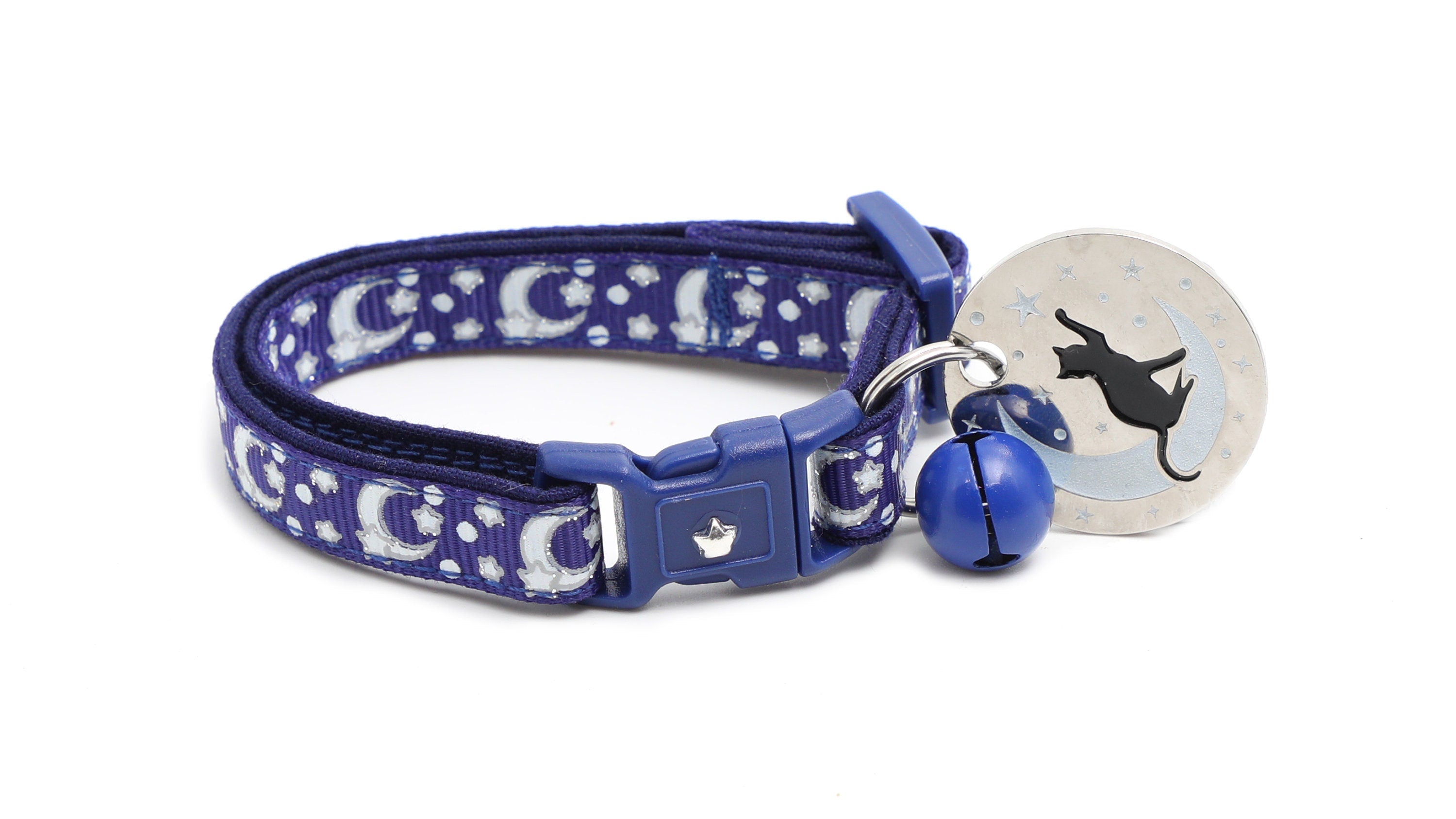 Silver Moons and Stars on Navy Blue Cat Collar