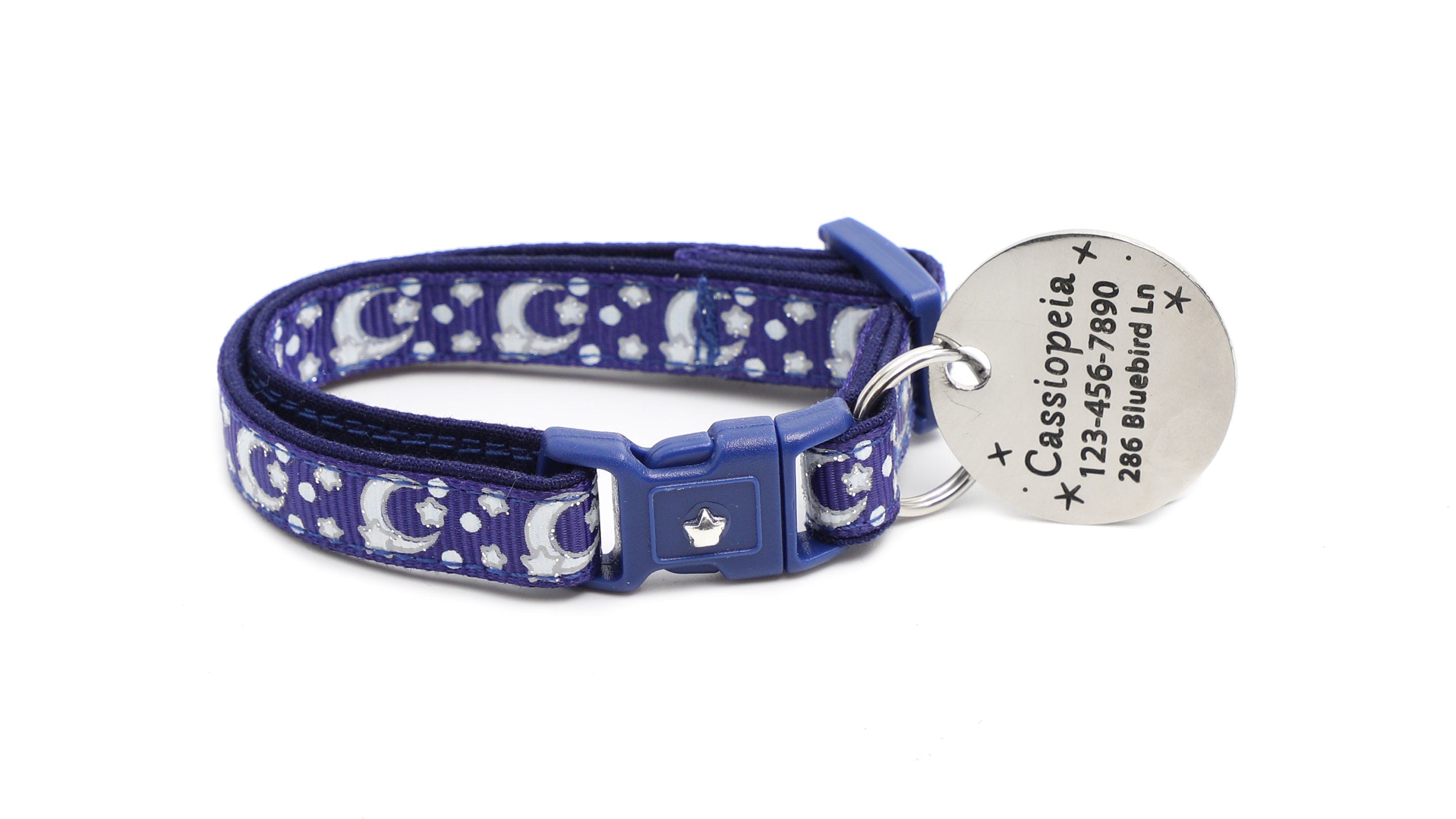 Silver Moons and Stars on Navy Blue Cat Collar